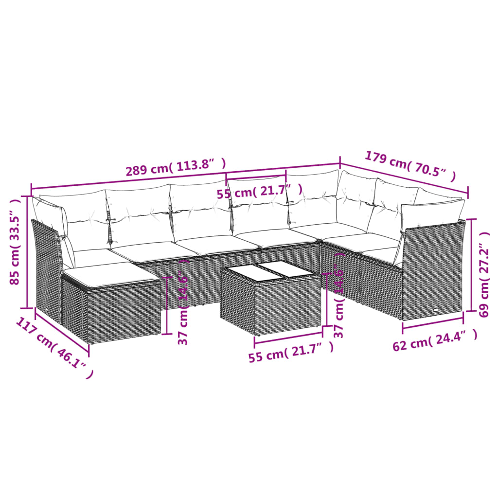 Set Divano da Giardino 9pz con Cuscini Grigio Chiaro Polyrattan | homemem39