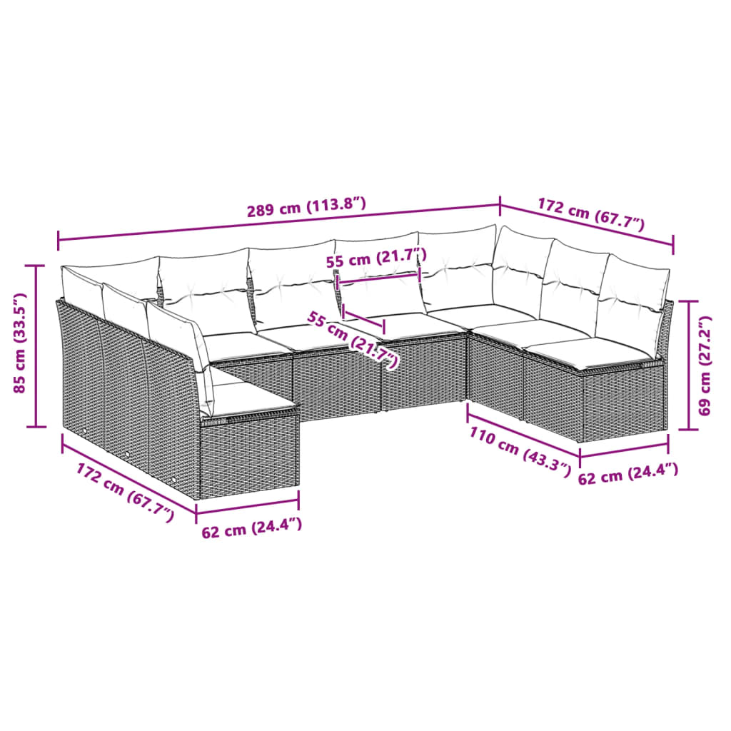 Set Divano da Giardino 9pz con Cuscini Grigio Chiaro Polyrattan | homemem39