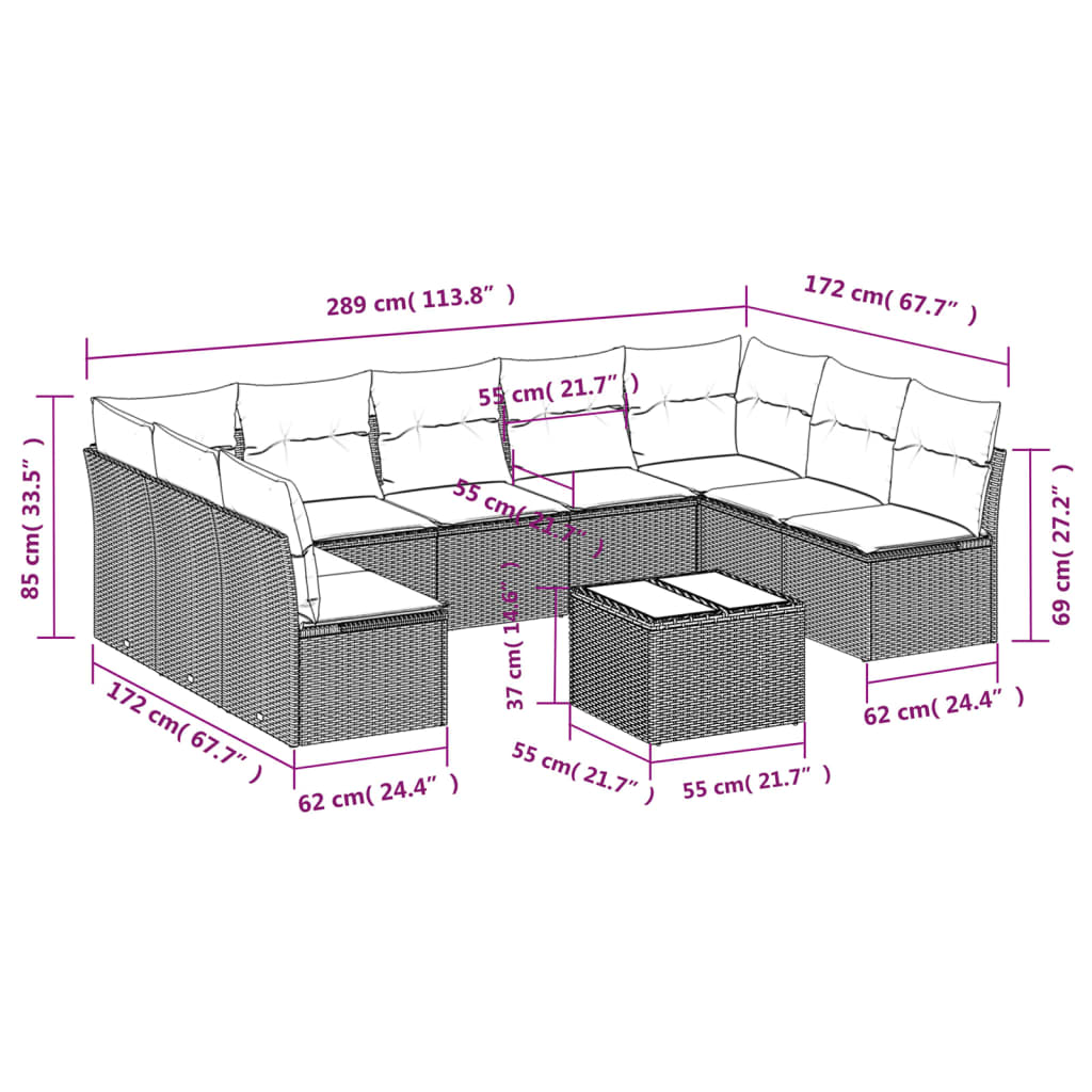Set Divano da Giardino 10 pz con Cuscini Grigio in Polyrattan | homemem39