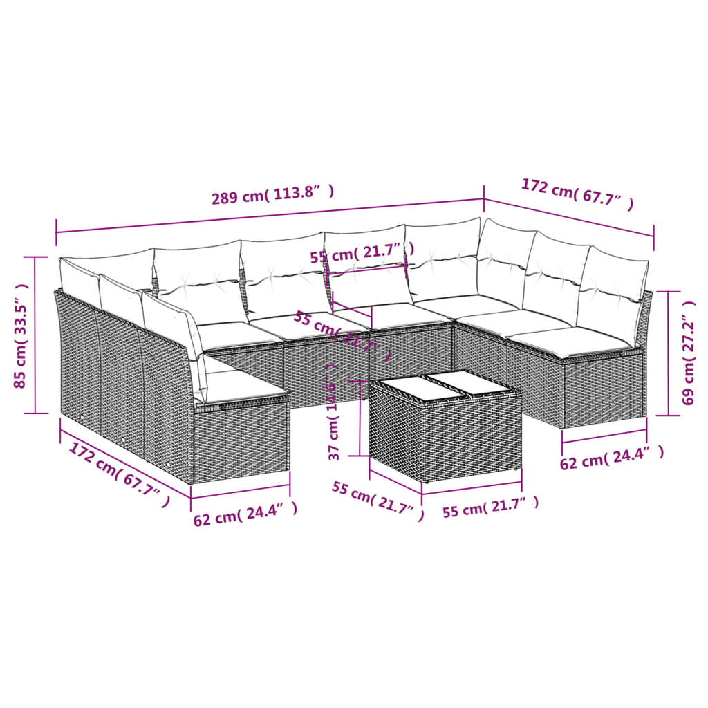 Set Divano Giardino 10 pz con Cuscini Grigio Chiaro Polyrattan | homemem39