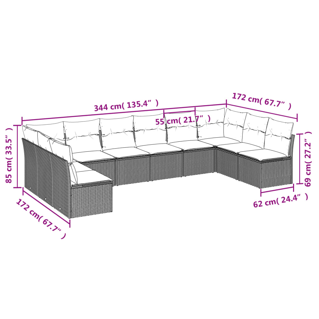 Set Divano Giardino 10 pz con Cuscini Grigio Chiaro Polyrattan | homemem39