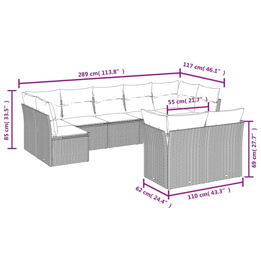 Set Divano da Giardino 9 pz con Cuscini Grigio in Polyrattan | homemem39