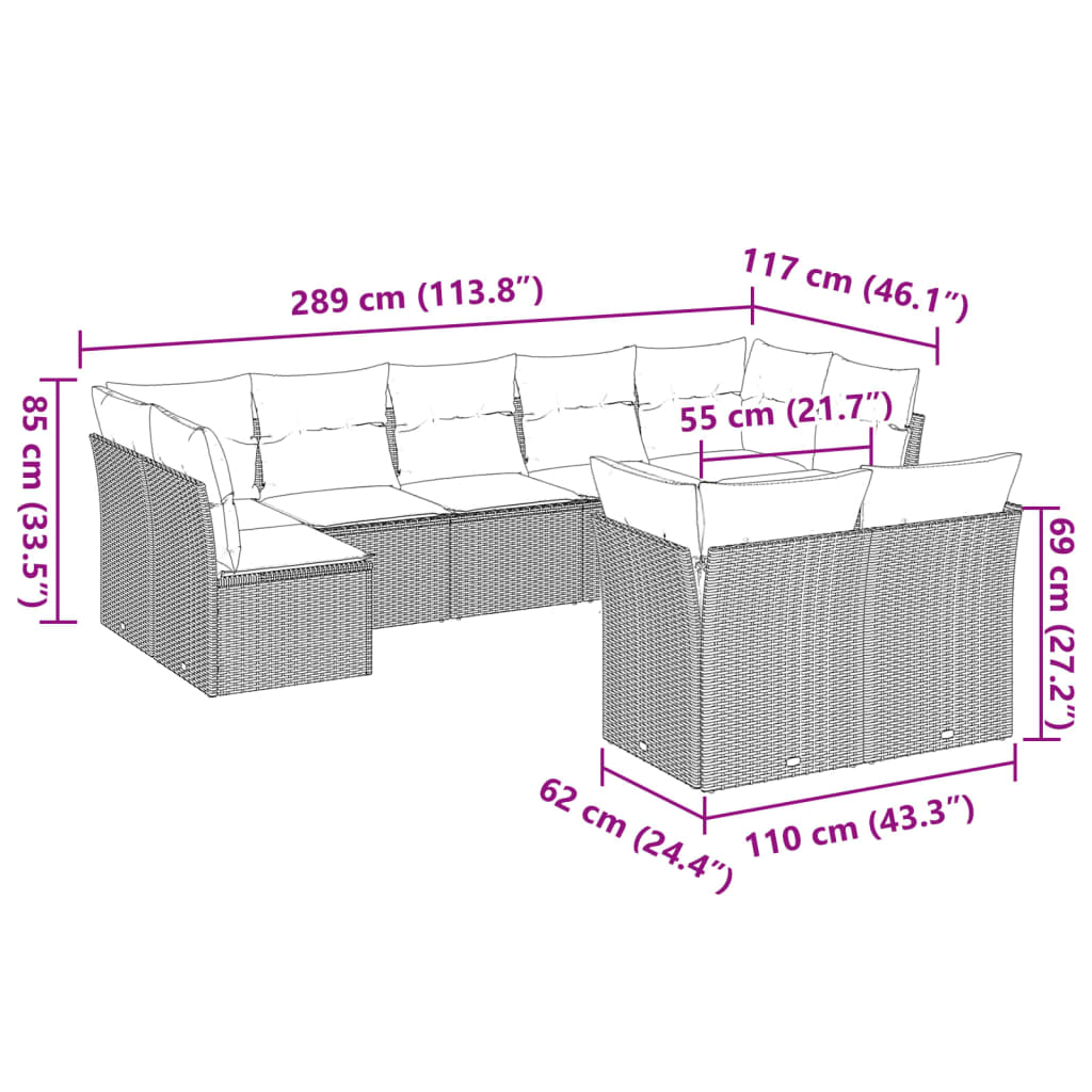 Set Divano da Giardino 9pz con Cuscini Grigio Chiaro Polyrattan | homemem39