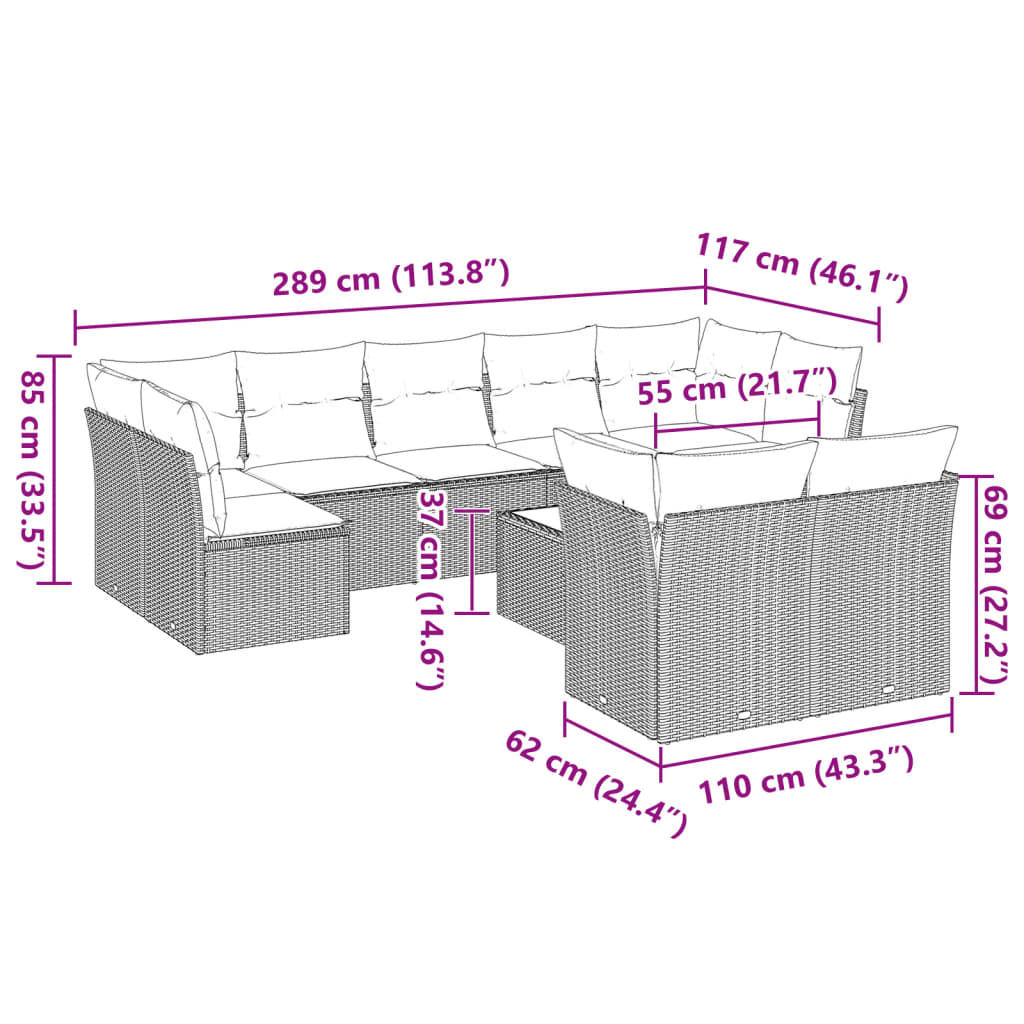 Set Divano Giardino 10 pz con Cuscini Grigio Chiaro Polyrattan | homemem39