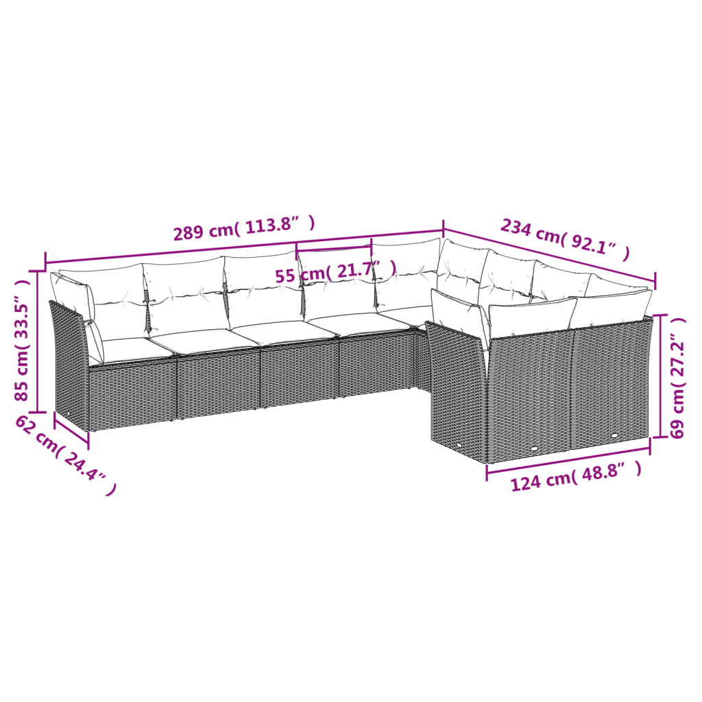 Set Divano da Giardino 9 pz con Cuscini Beige in Polyrattan | homemem39