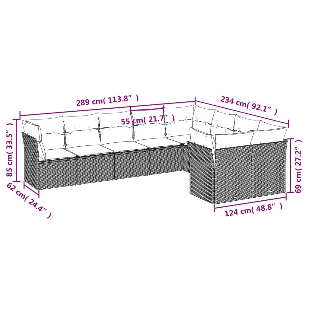 Set Divano da Giardino 9pz con Cuscini Grigio Chiaro Polyrattan | homemem39
