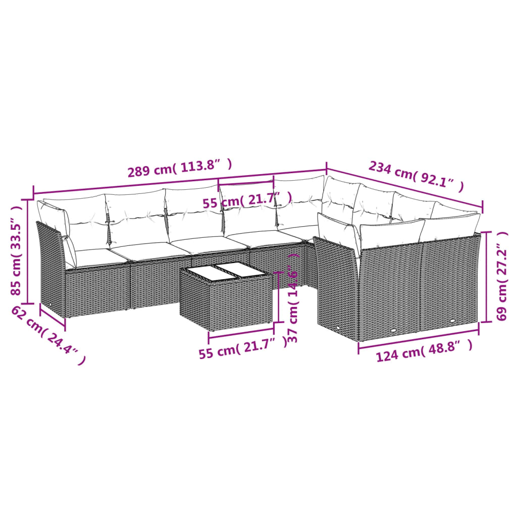 Set Divano da Giardino 10 pz con Cuscini Grigio in Polyrattan | homemem39