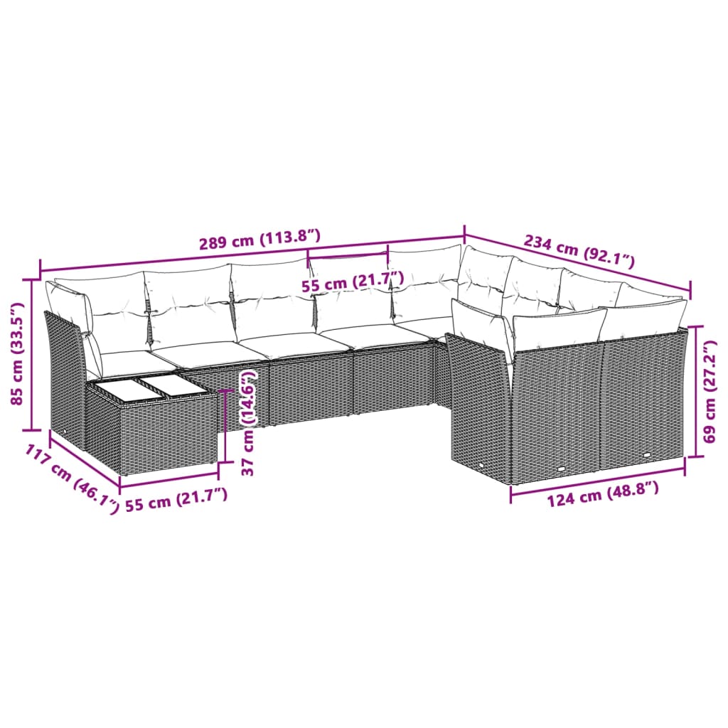 Set Divano Giardino 10 pz con Cuscini Grigio Chiaro Polyrattan | homemem39