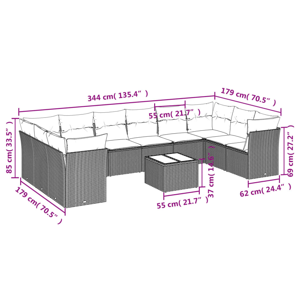 Set Divani da Giardino 11 pz con Cuscini in Polyrattan Nero | homemem39