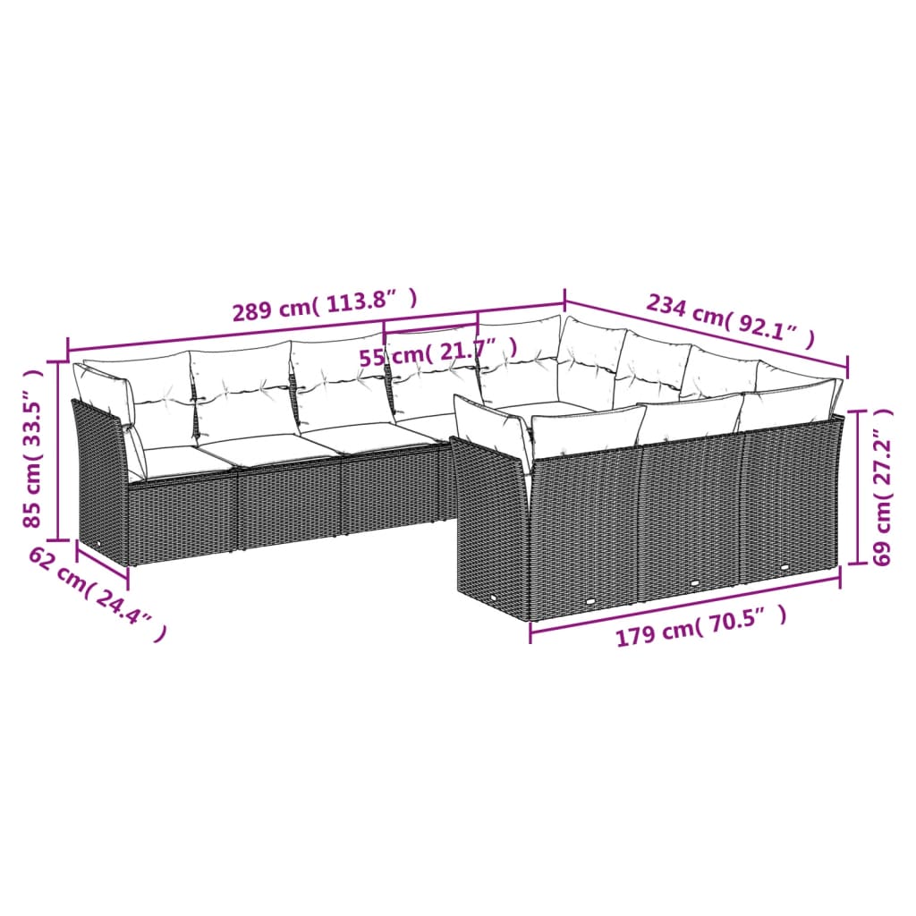 Set Divano da Giardino 10 pz con Cuscini Grigio in Polyrattan | homemem39