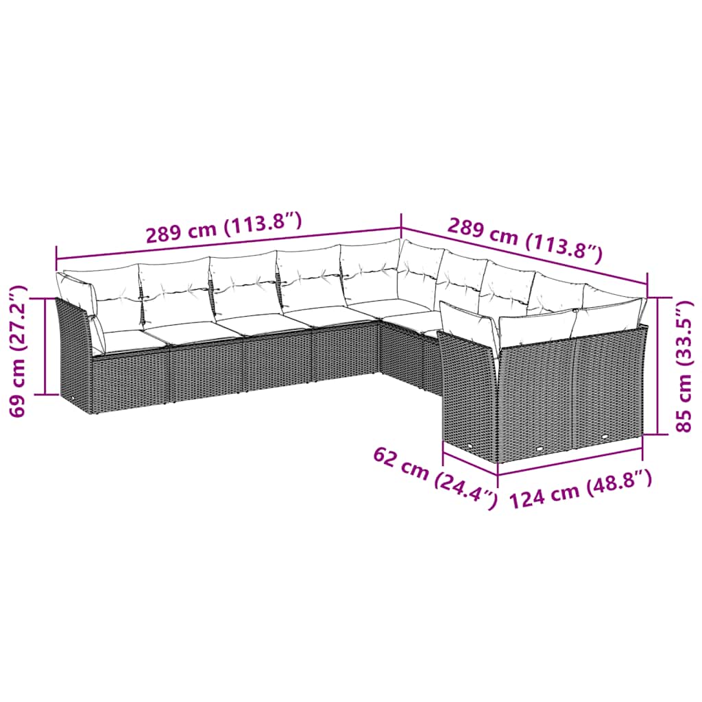 Set Divano Giardino 10 pz con Cuscini Grigio Chiaro Polyrattan | homemem39