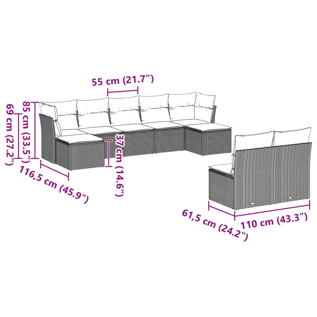 Set Divano da Giardino 9pz con Cuscini Grigio Chiaro Polyrattan | homemem39