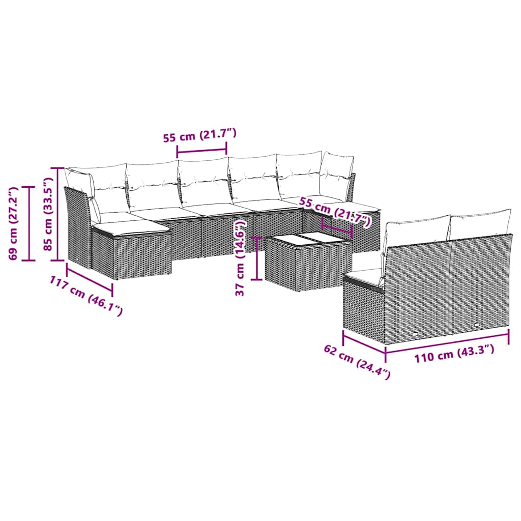 Set Divano Giardino 10 pz con Cuscini Grigio Chiaro Polyrattan | homemem39