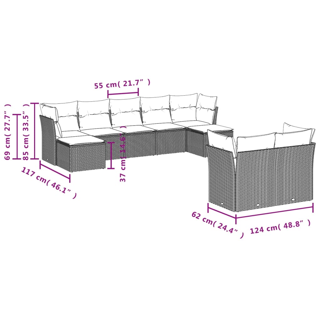 Set Divani da Giardino 9 pz con Cuscini Nero in Polyrattan | homemem39