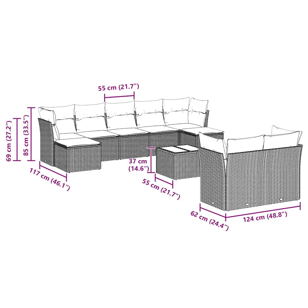Set Divano Giardino 10 pz con Cuscini Grigio Chiaro Polyrattan | homemem39
