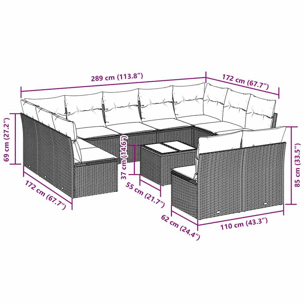 Set Divano Giardino 12 pz con Cuscini Grigio Chiaro Polyrattan | homemem39