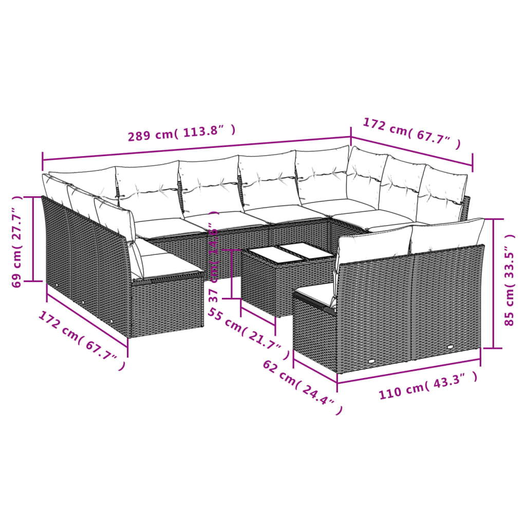 Set Divani da Giardino 12 pz con Cuscini Marrone in Polyrattan | homemem39