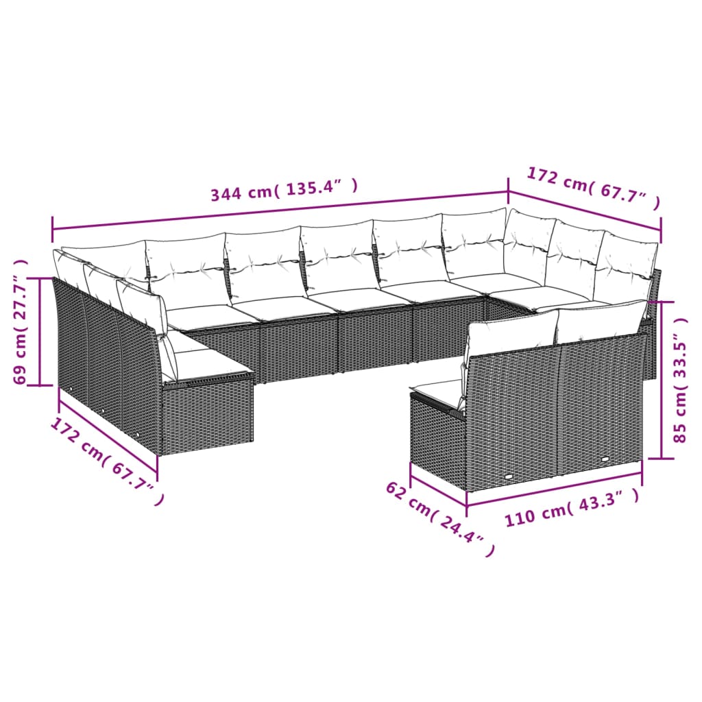Set Divani da Giardino 12 pz con Cuscini Beige in Polyrattan | homemem39