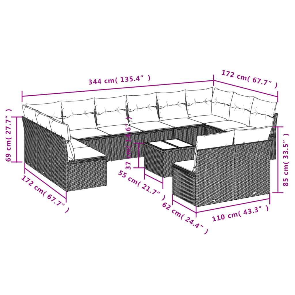 Set Divani da Giardino 13 pz con Cuscini Marrone in Polyrattan | homemem39