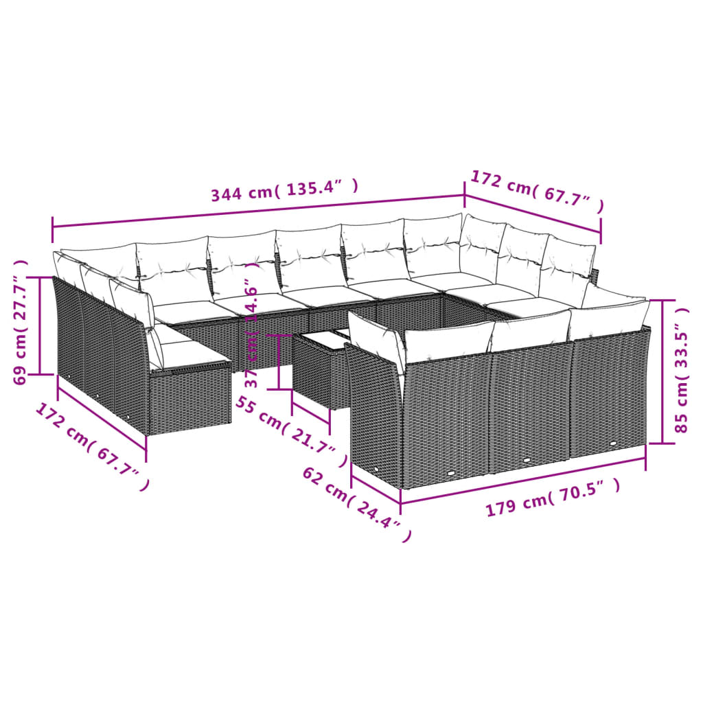 Set Divani da Giardino 14pz con Cuscini in Polyrattan Marrone | homemem39