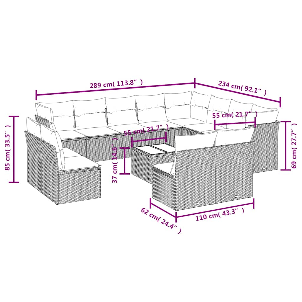 Set Divani da Giardino 13pz con Cuscini Nero in Polyrattan | homemem39