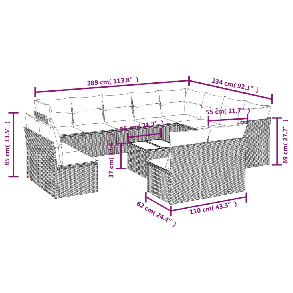 Set Divani da Giardino 13 pz con Cuscini Marrone in Polyrattan | homemem39