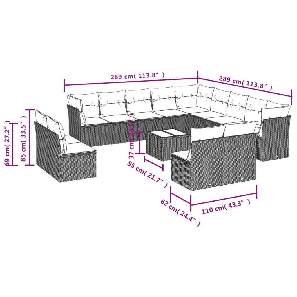 Set Divani da Giardino 14pz con Cuscini in Polyrattan Grigio | homemem39