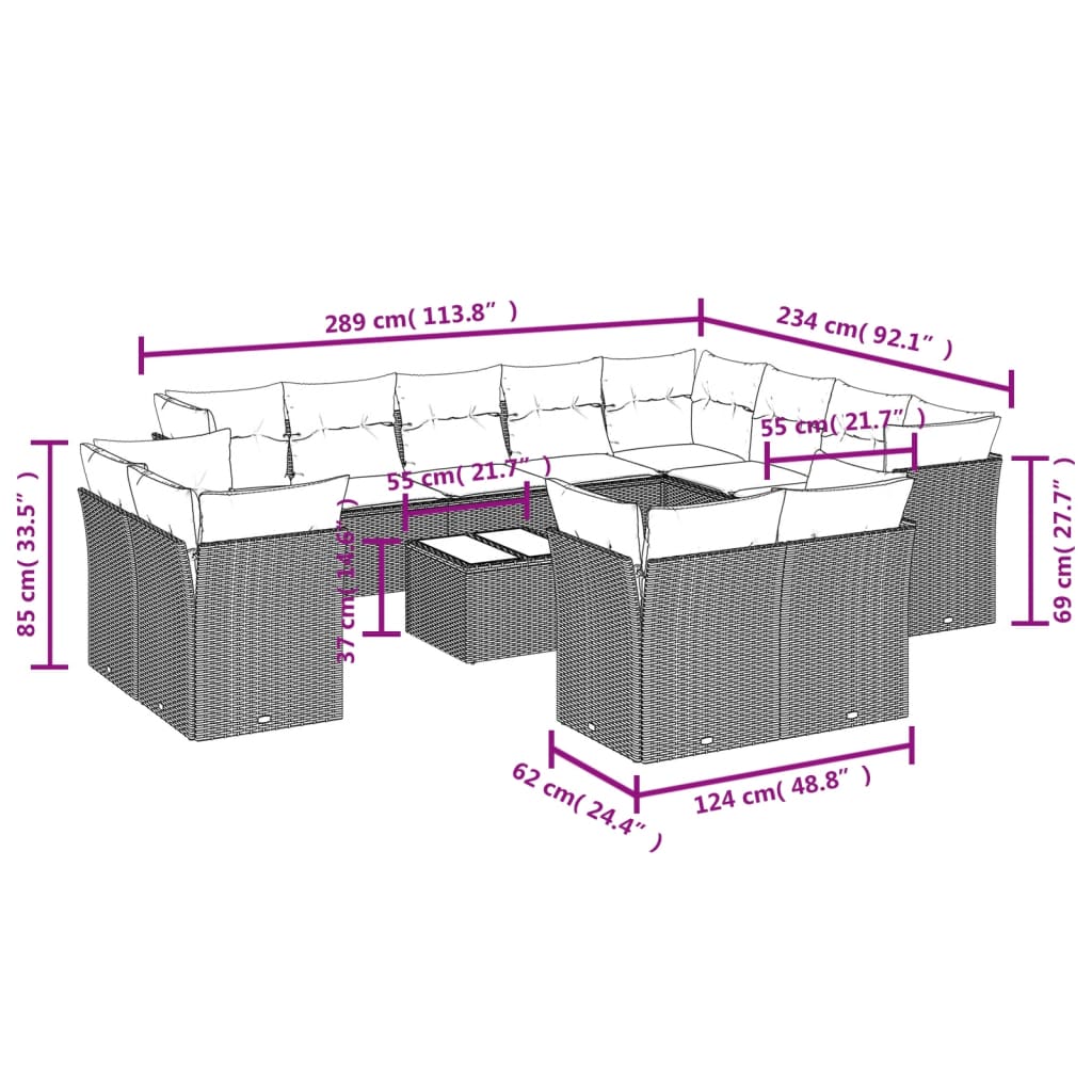 Set Divani da Giardino 13pz con Cuscini Nero in Polyrattan