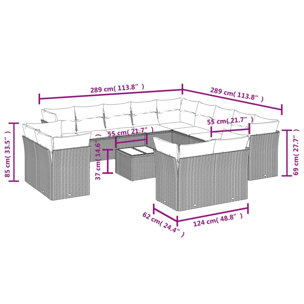 Set Divani da Giardino 14pz con Cuscini in Polyrattan Beige | homemem39
