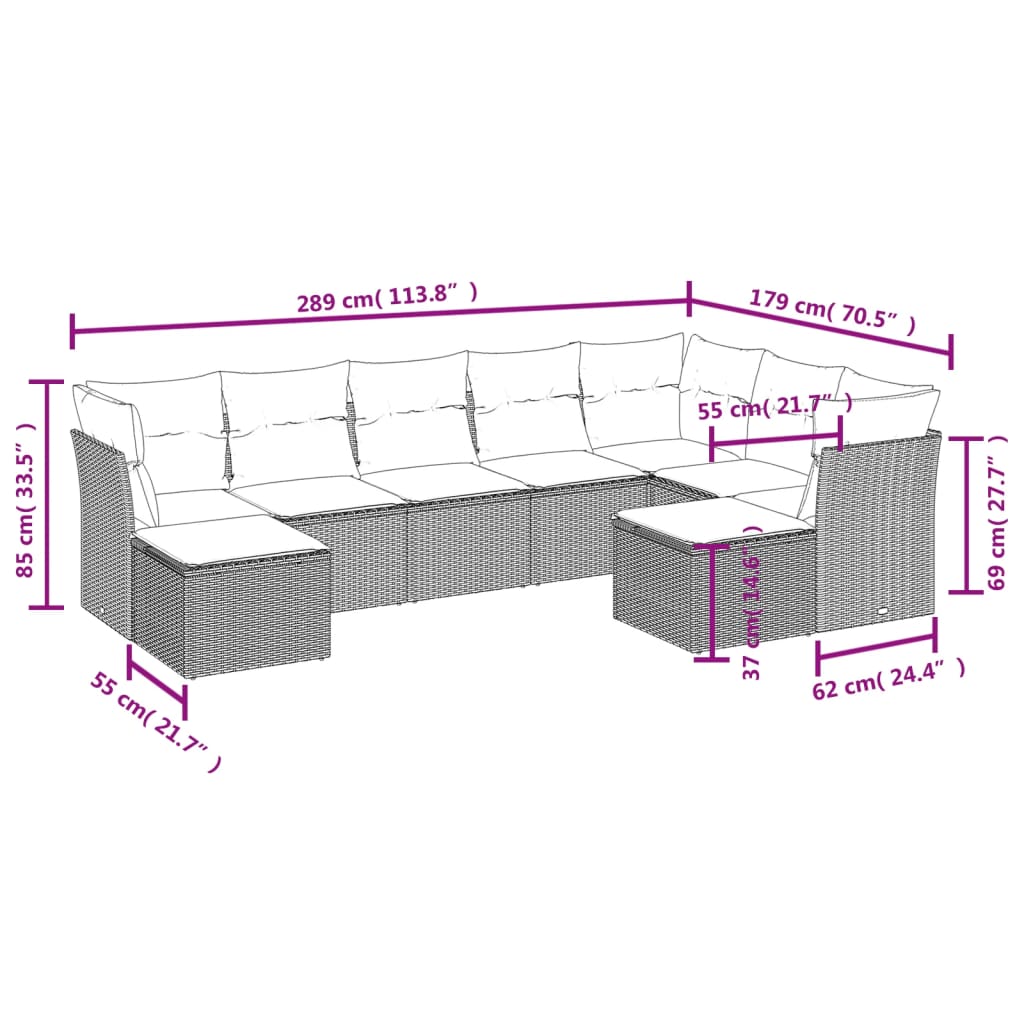 Set Divano da Giardino 9 pz con Cuscini Beige in Polyrattan | homemem39