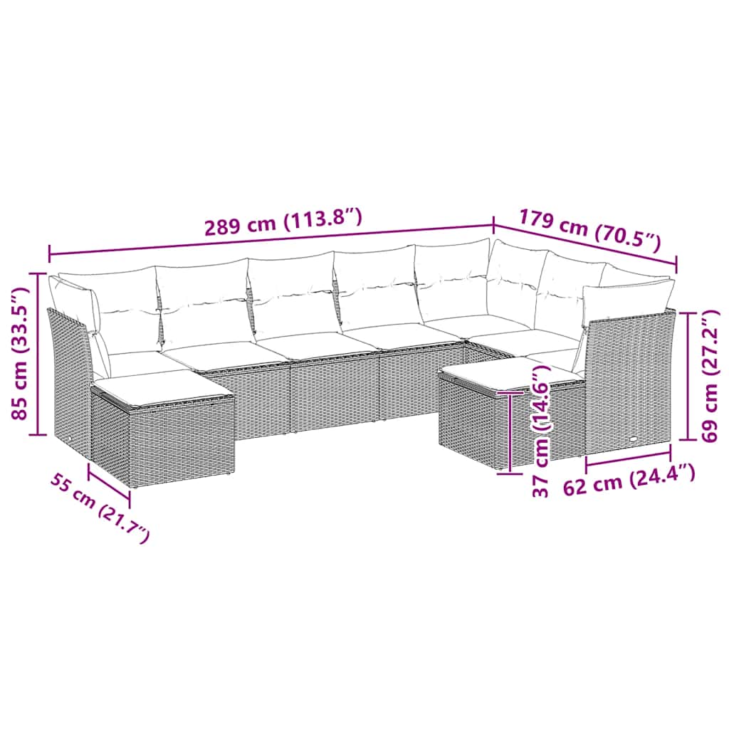 Set Divano da Giardino 9pz con Cuscini Grigio Chiaro Polyrattan | homemem39