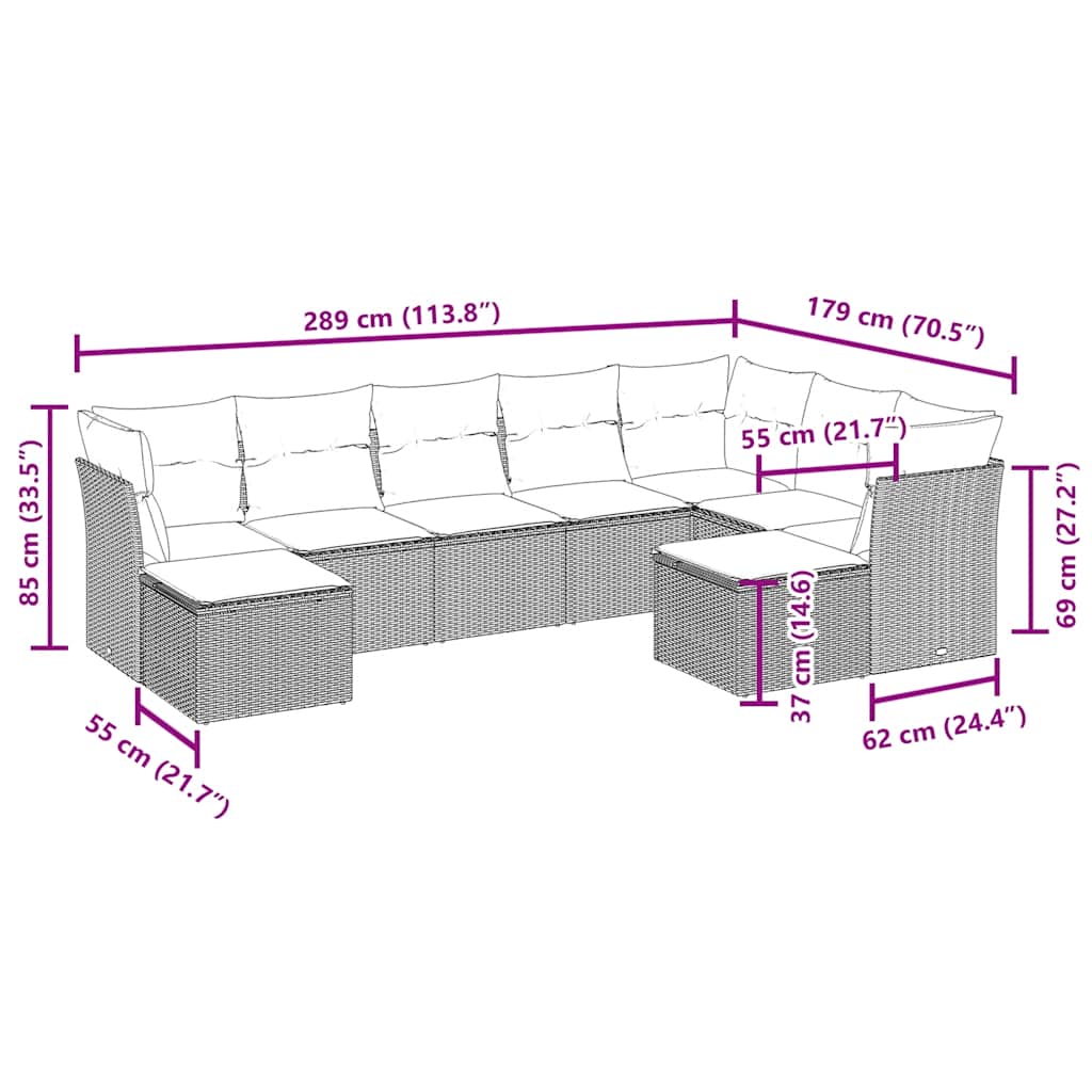 Set Divani da Giardino 9pz con Cuscini Marrone in Polyrattan | homemem39