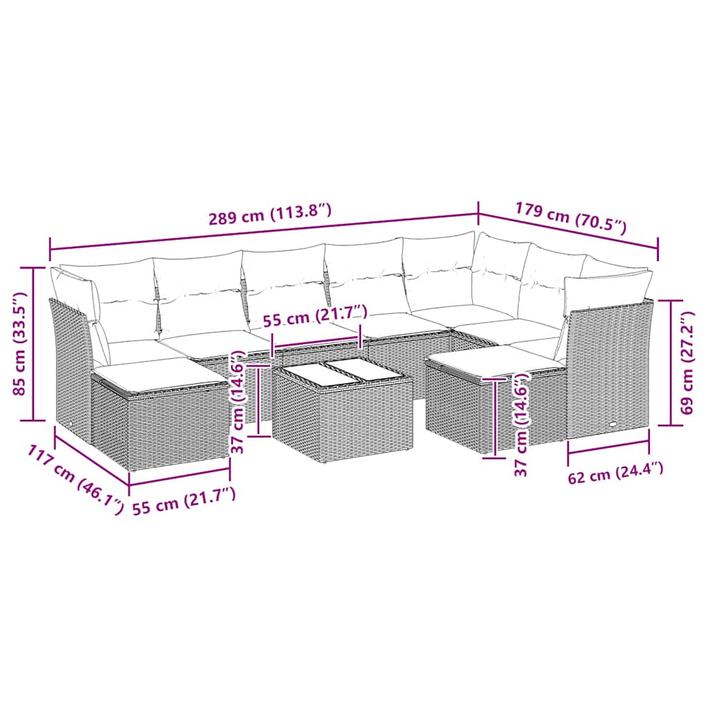 Set Divani da Giardino 10pz con Cuscini in Polyrattan Nero | homemem39