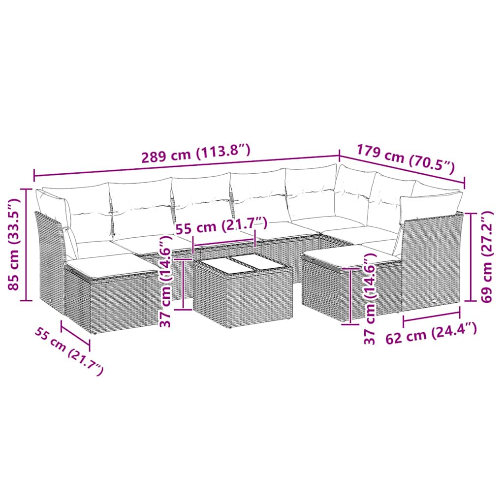 Set Divano Giardino 10 pz con Cuscini Grigio Chiaro Polyrattan | homemem39