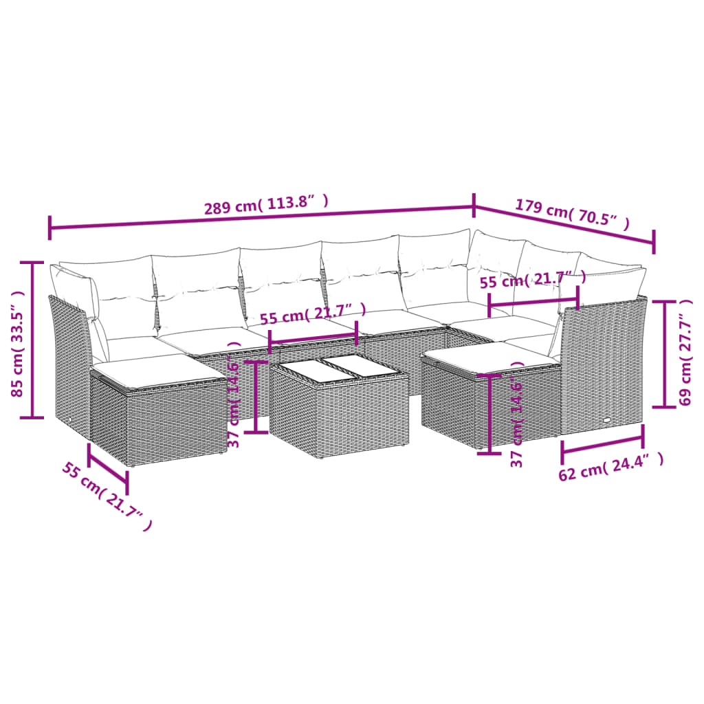 Set Divani da Giardino 10pz con Cuscini in Polyrattan Marrone | homemem39