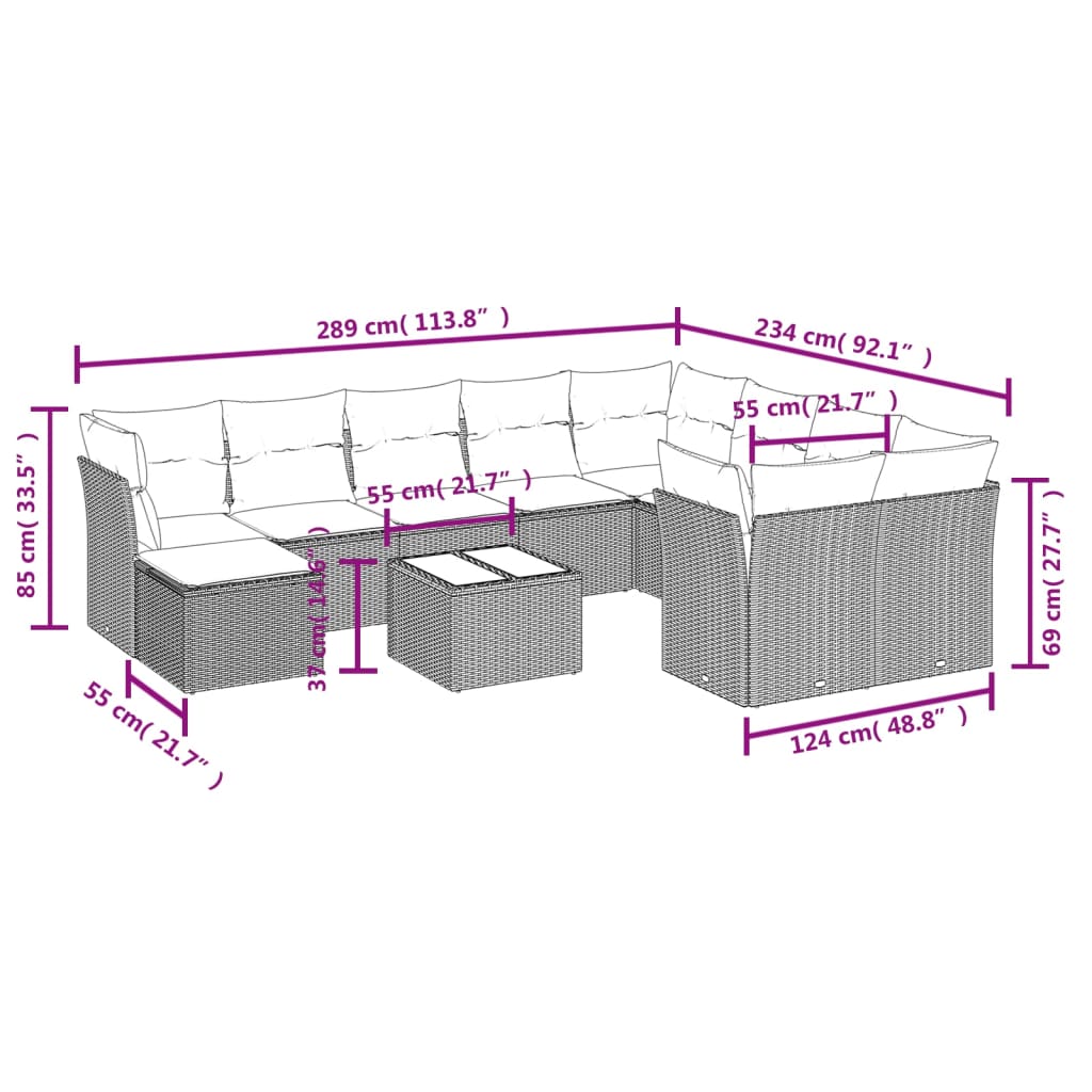 Set Divani da Giardino 11 pz con Cuscini Beige in Polyrattan | homemem39