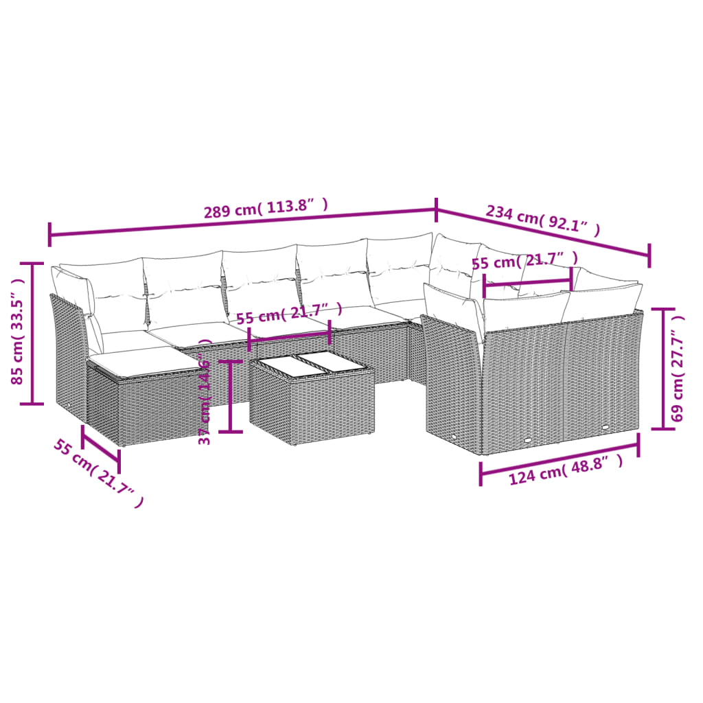 Set Divani da Giardino 11 pz con Cuscini Polyrattan Marrone | homemem39