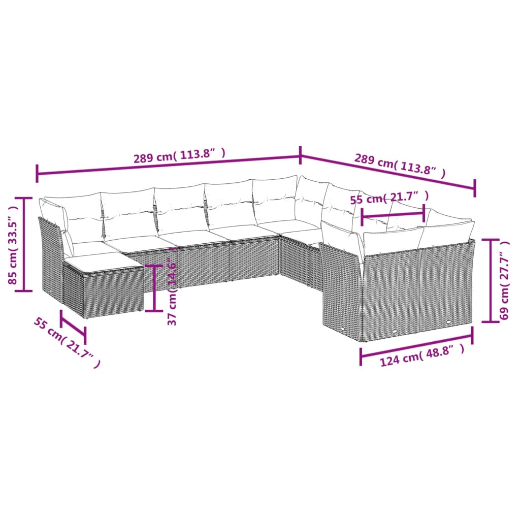 Set Divani da Giardino 11 pz con Cuscini in Polyrattan Grigio | homemem39