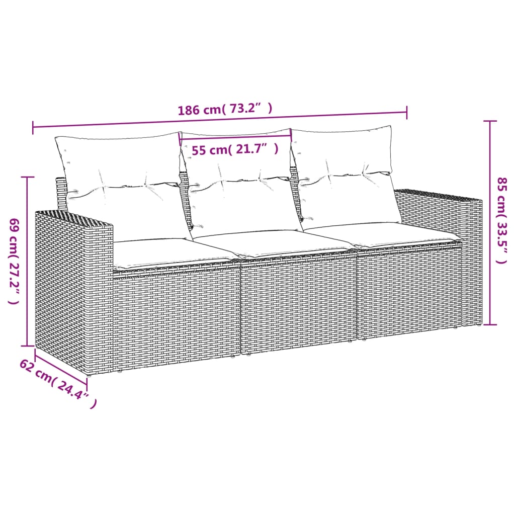 Set Divani da Giardino 3 pz con Cuscini Grigio in Polyrattan | homemem39