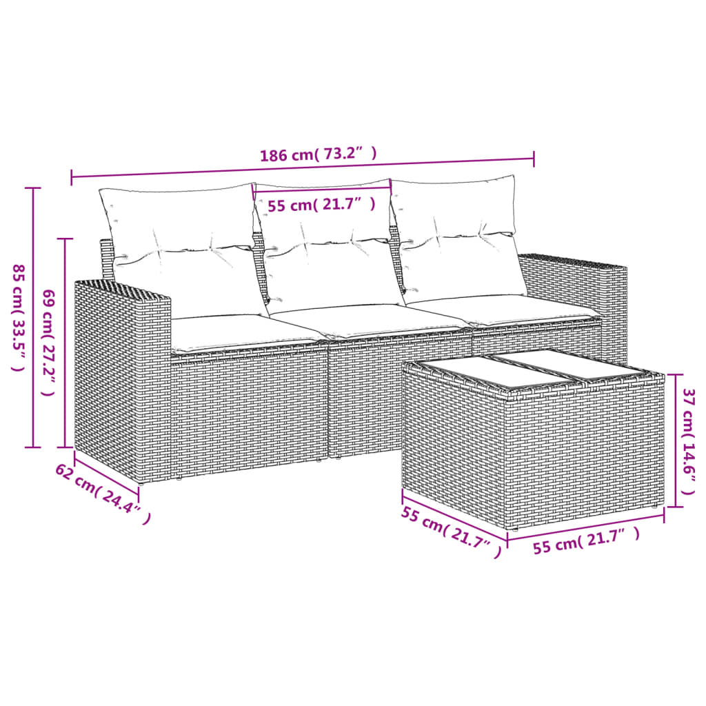 Set Divani da Giardino 4 pz con Cuscini Nero in Polyrattan | homemem39
