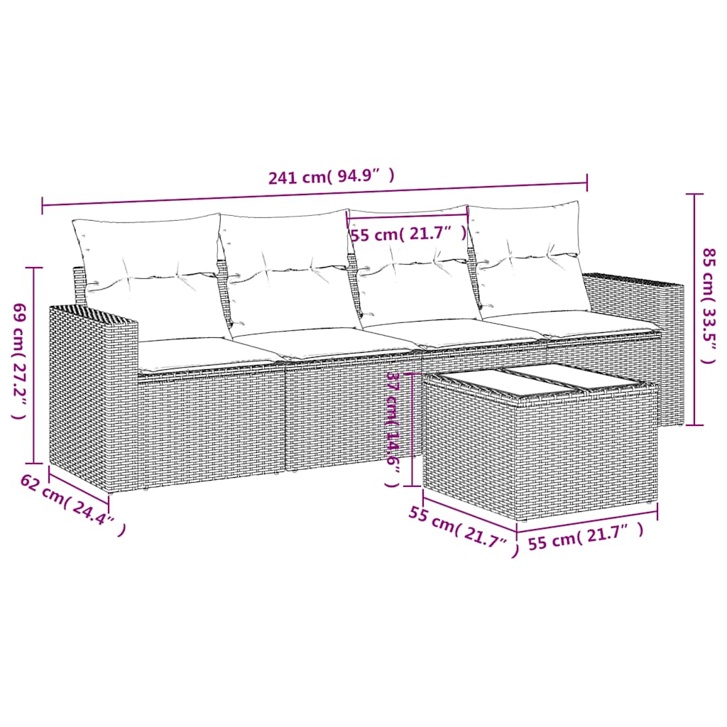 Set Divano da Giardino 5pz con Cuscini Grigio Chiaro Polyrattan