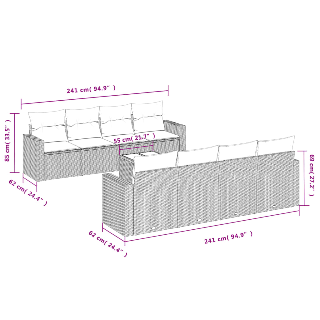 Set Divano da Giardino 9 pz con Cuscini Beige in Polyrattan | homemem39