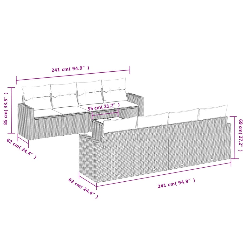Set Divano da Giardino 9 pz con Cuscini Grigio in Polyrattan | homemem39