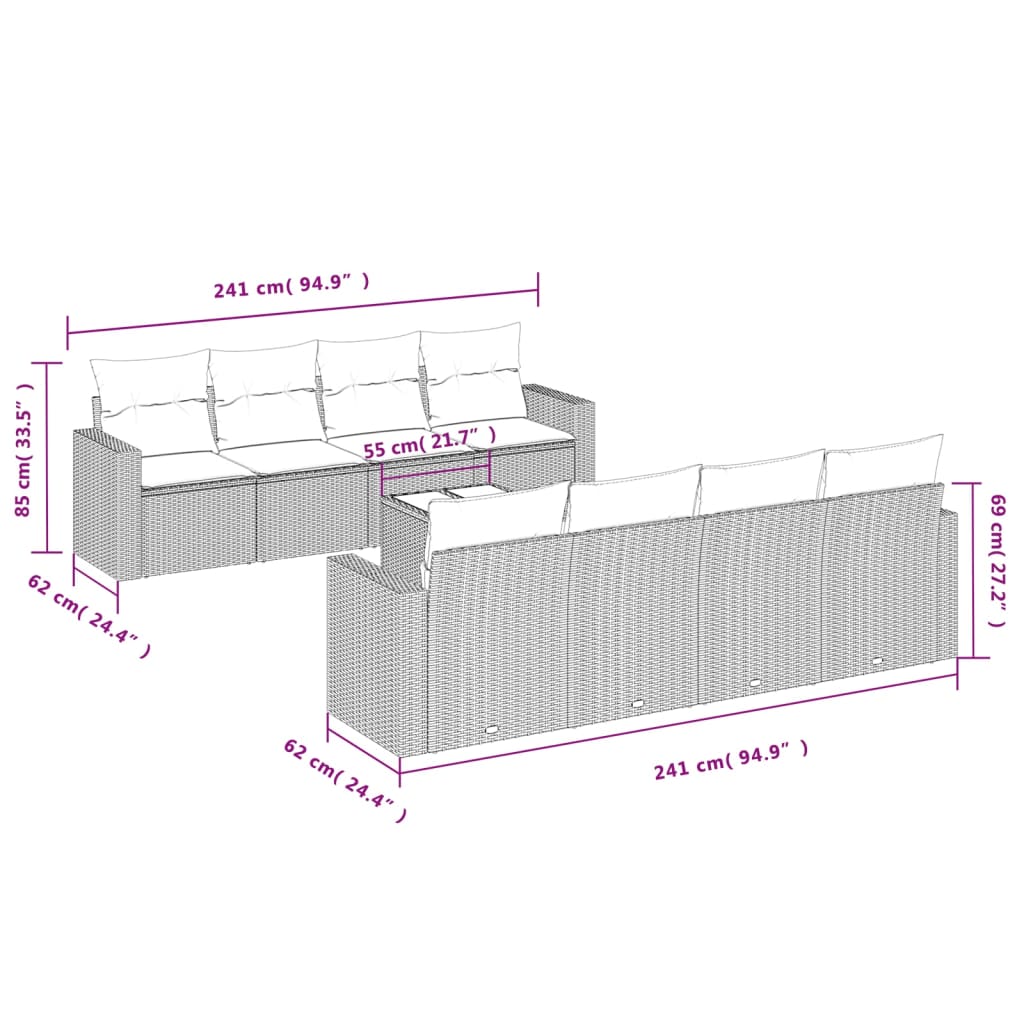 Set Divani da Giardino 9pz con Cuscini Marrone in Polyrattan | homemem39