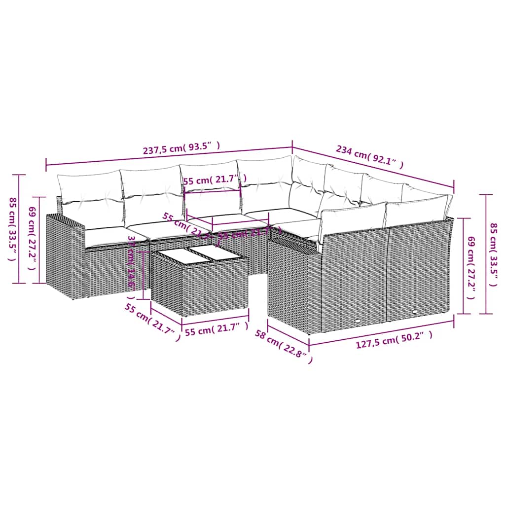 Set Divani da Giardino 9 pz con Cuscini Nero in Polyrattan | homemem39