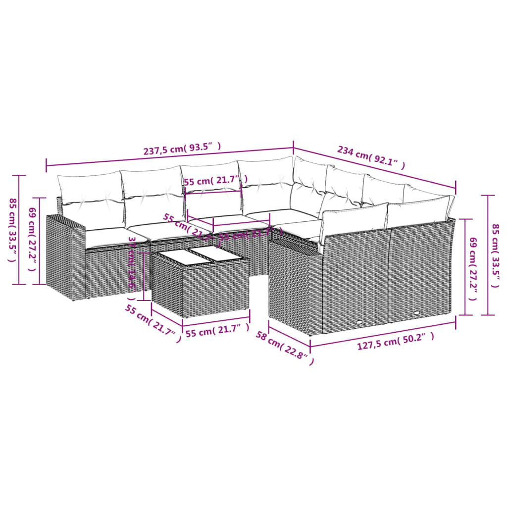 Set Divani da Giardino 9 pz con Cuscini Nero in Polyrattan | homemem39