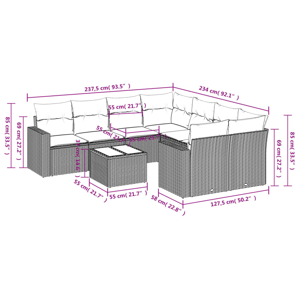 Set Divano da Giardino 9 pz con Cuscini Grigio in Polyrattan | homemem39