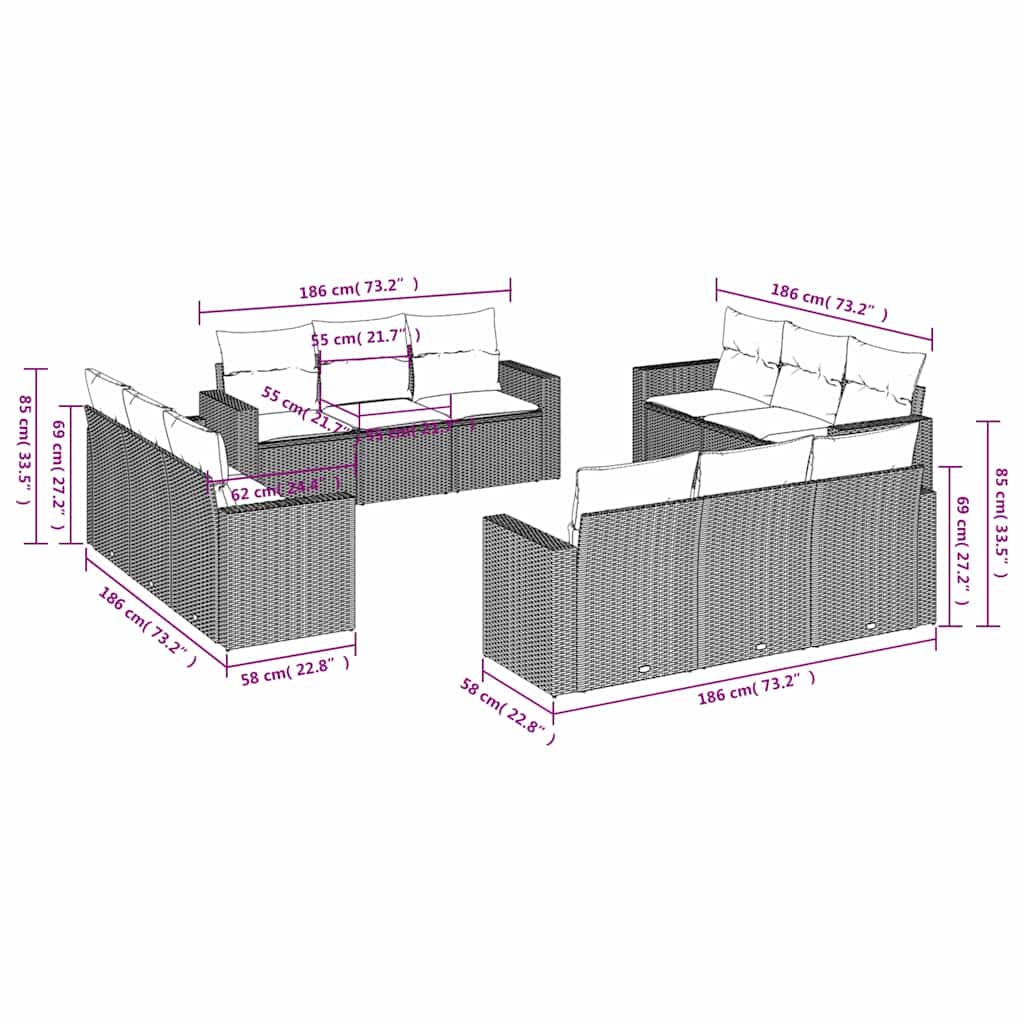 Set Divani da Giardino 12 pz con Cuscini Nero in Polyrattan | homemem39