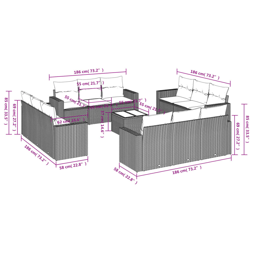 Set Divani da Giardino 13pz con Cuscini Nero in Polyrattan | homemem39