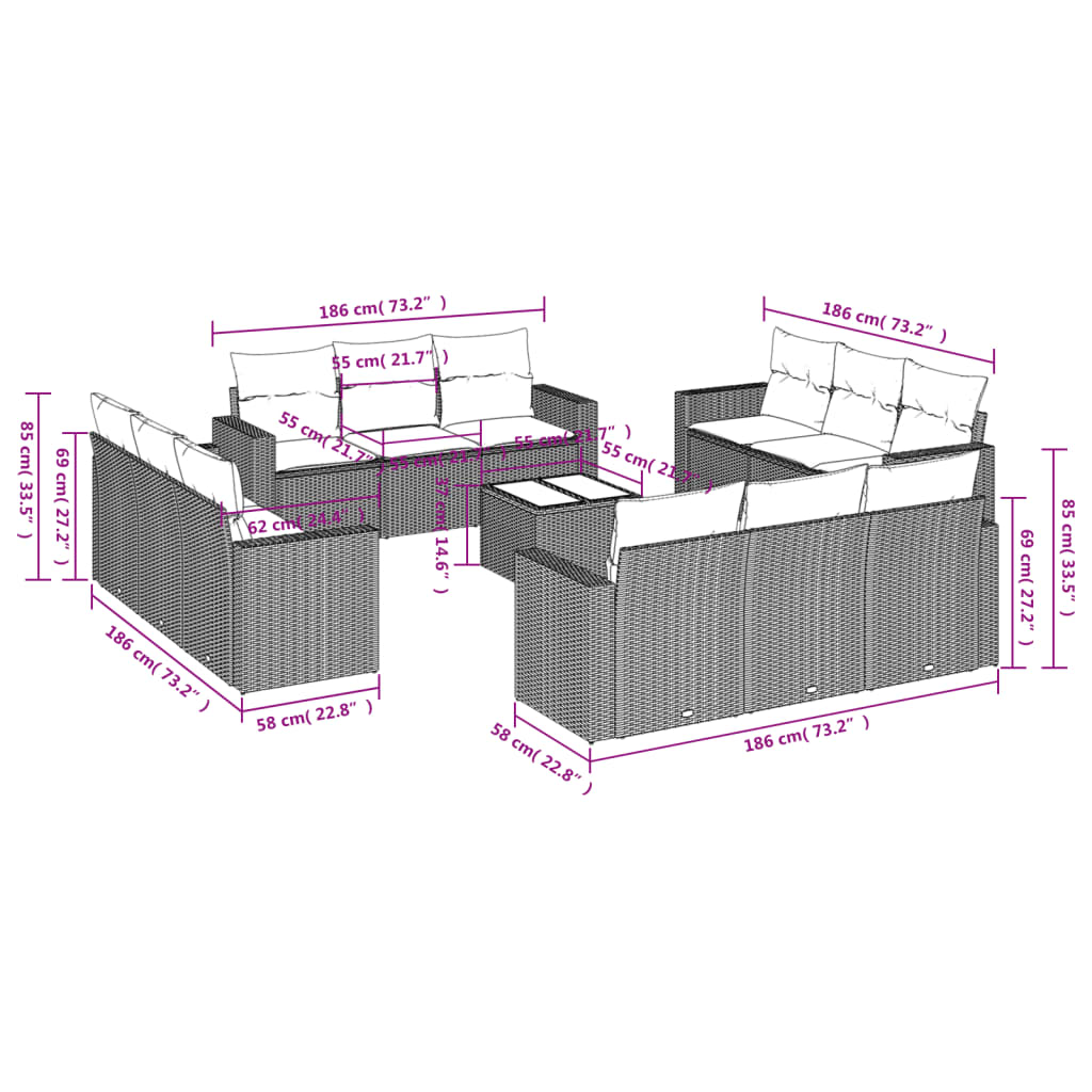 Set Divani da Giardino 13 pz con Cuscini Grigio in Polyrattan | homemem39